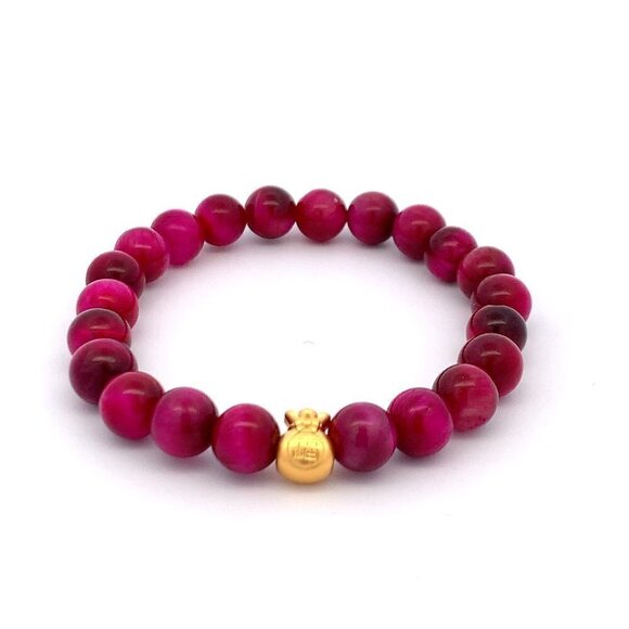 Unbranded Jewelry - Dyed Tiger's Eye Magenta Stretchable Bracelet Size 6 with 24K Gold Money Bag